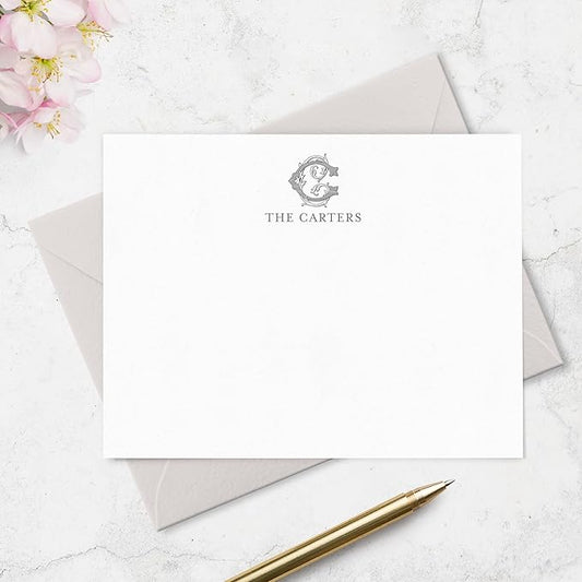 Classic 1 Letter Monogram Note Card and Envelope Stationery Set, Traditional Monogrammed Personalized Stationary in Choice of Set Size and Colors (Monogram with Name Below)