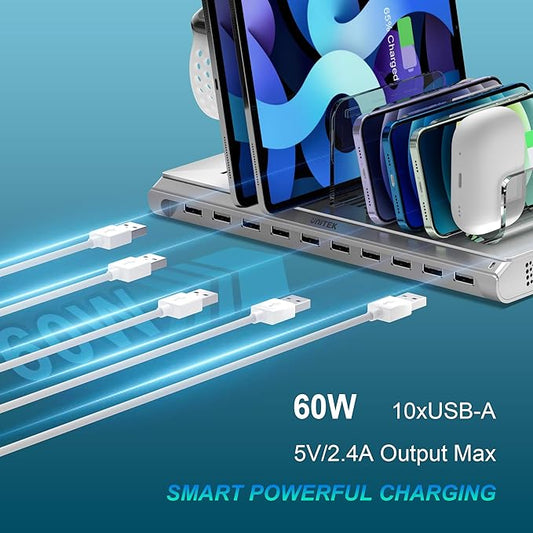 Unitek Multi iPad Charging Station - 10 Port USB Charging Station for Multiple Devices, Fast Charging Dock Cell Phone Organizer for iPhone, iPad, Android, Tablets - Silver
