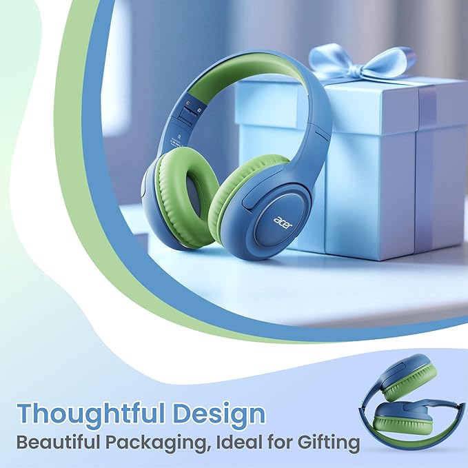 Kids Headphones Wired for School - Over-Ear 85/94dB Volume Limiter, 3.5mm Jack Foldable Stereo Sound Headset for Toddlers Girls Boys Travel Learning Entertainment Tablet Kindle iPad PC Blue Green