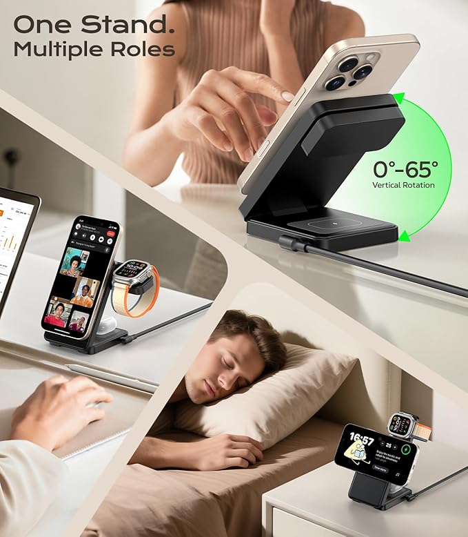 3 in 1 Magnetic Charging Station, 15W Fast Wireless Charger Compatible with MagSafe Charger Stand for iPhone 17 16 15 14 13 12, Apple Watch Charger & AirPods, Foldable Travel Charging Dock, Black