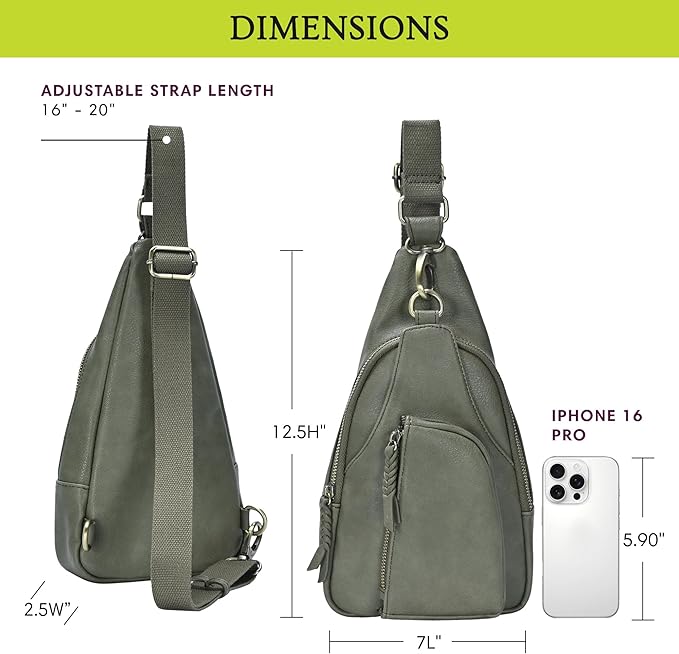 Antik Kraft Tasha Crossbody Sling (Moss) | Vegan Leather Crossbody Bag for Women with 16-20" Strap | Sling Bags for Women with Durable Antique Brass Hardware | 7in x 2.5in x 12.5in |