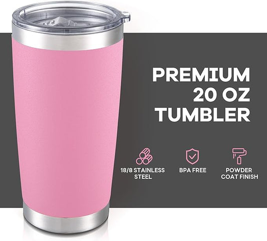 20 oz Tumbler with Lid Stainless Steel Double Wall Vacuum Insulated Tumblers Powder Coated Cups Travel Mug Keep Drinks Cold and Hot, Pink