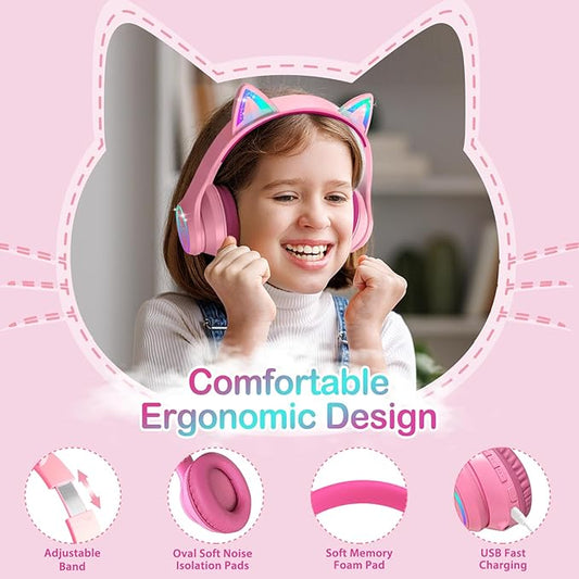 LOBKIN Bluetooth 5.4 Kids Headphones with Case - RGB LED Light Up Cat Ears Foldable Adjustable Over Ear Headphone Support Wireless or 3.5mm Wired Mode for Toddler & Girls & Boys Teens