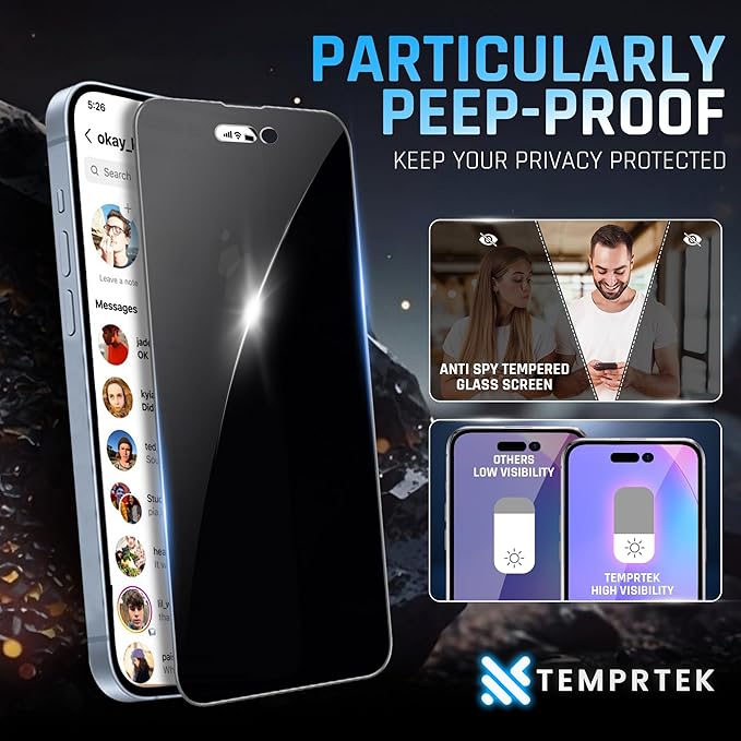 TEMPRTEK+ 2 Pack for iPhone 14 Pro Privacy Screen Protector Privacy 9H Military Grade Scratch Fingerprint Resistance Anti-Glare Shatterproof Tempered Glass Anti-Spy Easy Installation Bubble Free