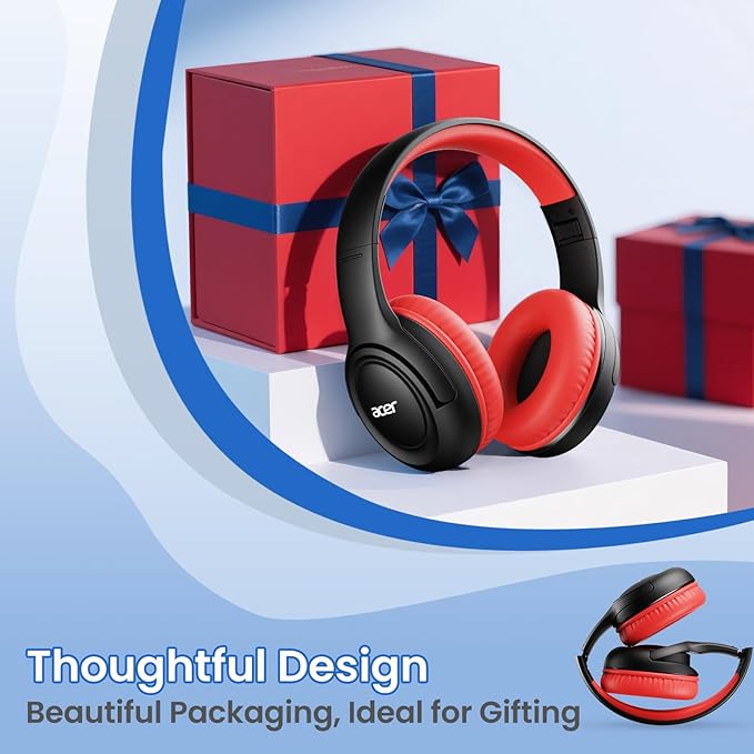 acer Kids Headphones Wired for School - Over-Ear 85/94dB Volume Limiter, 3.5mm Jack Foldable Stereo Sound Headset for Toddlers Girls Boys Travel Learning Entertainment Tablet Kindle iPad PC Black Red