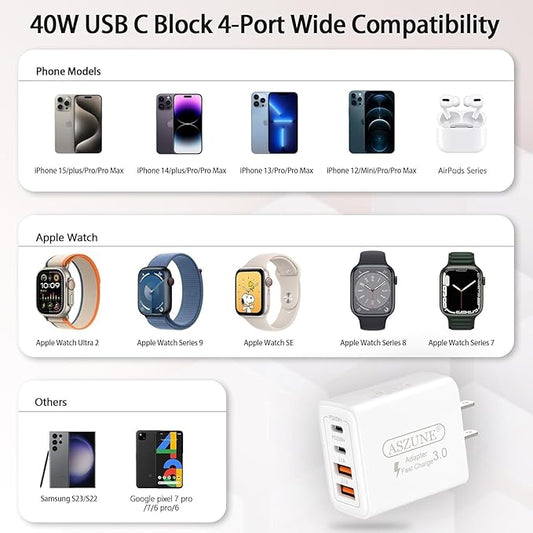 USB C Wall Charger 40W 4-Port,USBC Cube Power Adapter Wall Plug Multiport Type C Brick for Apple Watch Series 9/8/7/6/5/4/3/Ultra 2/1/SE,iPhone 15 Plus/15 Pro Max 4-Pack
