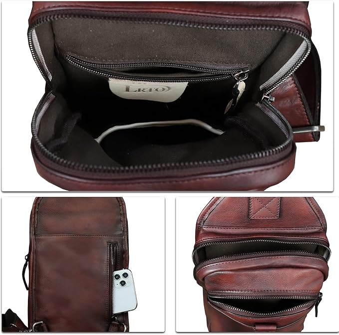 LRTO Genuine Leather Silng Bag for Men and Women Retro Leather Sling Backpack Purse Shoulder Crossbody Bag Chest Bag