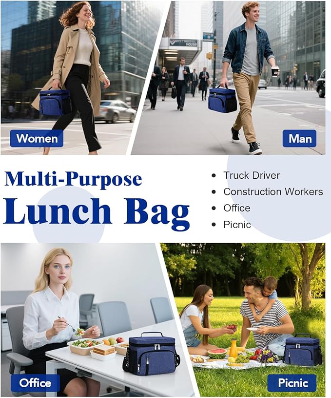 Insulated Lunch Bag for Men & Women - Leakproof Lunch Box Soft Cooler Tote, Adjustable Strap, Reusable Lunch Box for Work Office Picnic Beach Travel-Navy Blue
