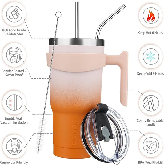BJPKPK Tumbler With Handle And Straw 20 oz Stainless Steel Insulated Tumbler Cups With Lid For Water Or Ice Coffee,Coral