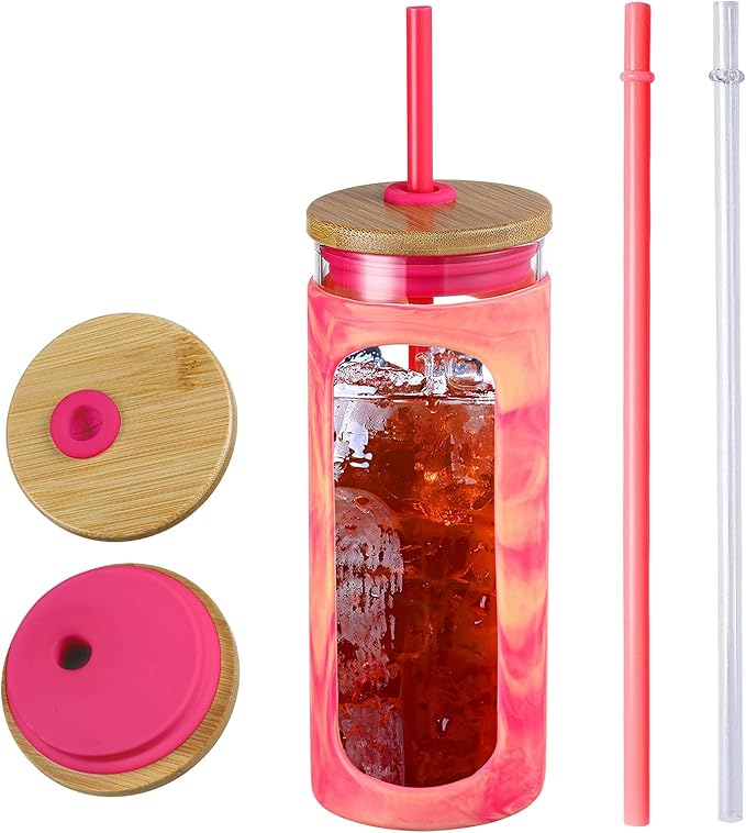 Kodrine 20oz Glass Tumbler with Straw and Lid, Iced Coffee Cups with Bamboo Lids, Glass Cups for Cold Drinks, Smoothie Cup with Silicone Sleeve for Travel, Work, BPA FREE-Red Yellow