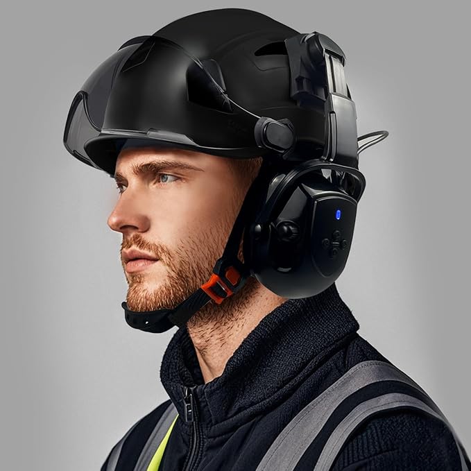 Hard Hats with Visor Bluetooth Ear Muffs Safety Helmet with Visors Mounted Safety Ear muff Hardhats Vented ANSI Z89.1 OSHA