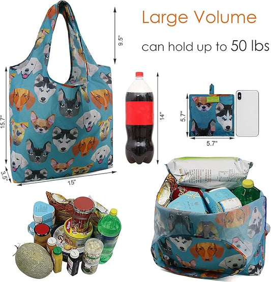 BeeGreen Shopping Bags Cloth Grocery Bags Foldable Travel Bag Tote Bags Bulk - Reusable Gift Bags with Handles (6 Pack) - Heavy Duty Large Washable Animal Holiday Design for Women Travel & Groceries