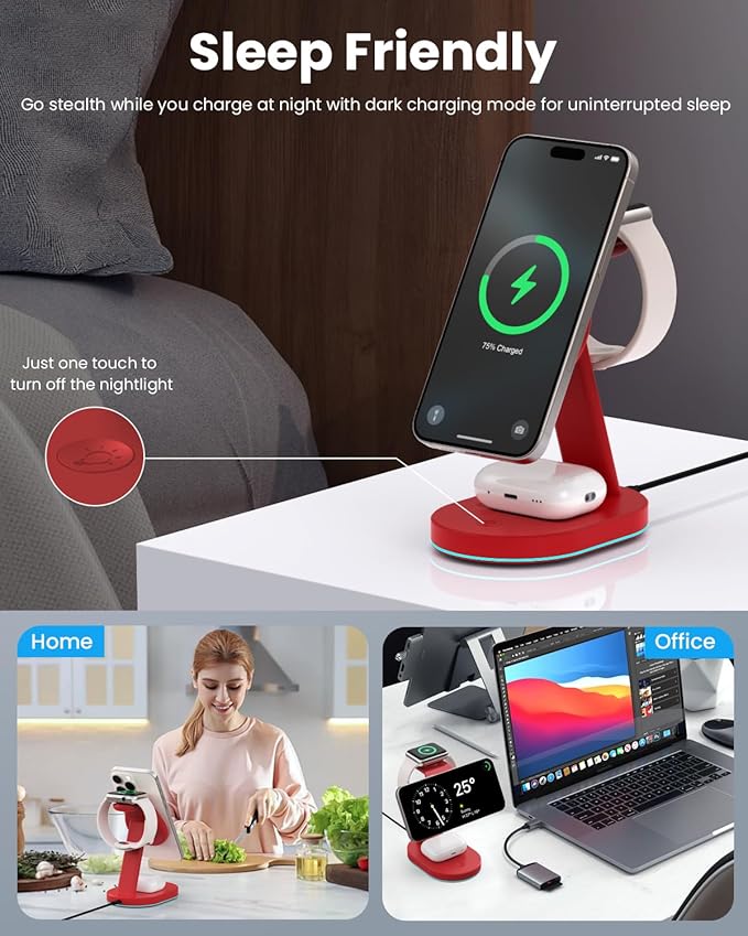 3 in 1 Wireless Charger Charging Station for iPhone,Qi2 Certified 15W Magnetic Charging Stand for Mag-Safe with 30W USB C Adapter&Friendly Night Light for iPhone 16/15/14/13/12,Apple Watch,AirPods