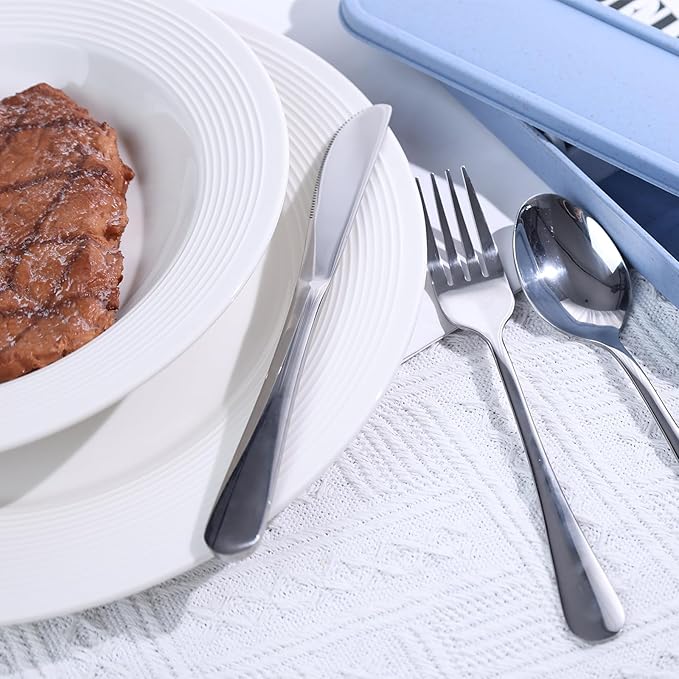 HANSGO 3PCS Portable Utensils Set with Case, Travel Cutlery Set Stainless Steel Utensils Reusable Silverware for Lunch Camping School Picnic Office Dishwasher Safe Blue