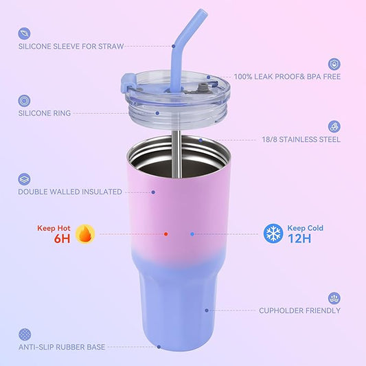 VEGOND 30 oz Insulated Stainless Steel Tumbler with lid and straw Double Wall Vacuum Travel Coffee Mug with Non-Slip Silicone Base, Sweat Proof Powder Coated Cup for Hot Cold Drinks, Blue and Purple