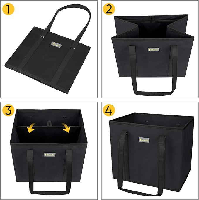 BALEINE 3Pk Reusable Grocery Bags, Foldable Shopping Bags for Groceries with Reinforced Bottom & Handles (Black)