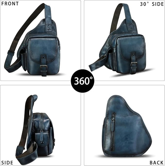 Genuine Leather Sling Bag for Men Women Chest Bag Crossbody Bag Vintage Sling Backpack Purses Hiking Sports Travel (Blue)