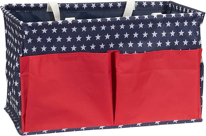 Household Essentials Krush Container All-Purpose Utility Tote, Water-Resistant Vinyl Lining with Pockets, Red, White and Blue