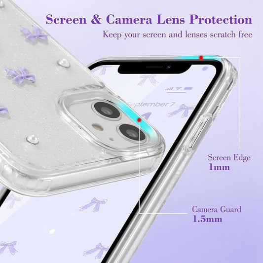 EYZUTAK Case for iPhone 12/iPhone 12 Pro, Bling Glitter 3D Bowknot Phone Case Cute Sparkly Crystal Clear Bow Aesthetic Case Slim Soft Durable TPU Transparent Protective Cover for Women Girl-Purple Bow