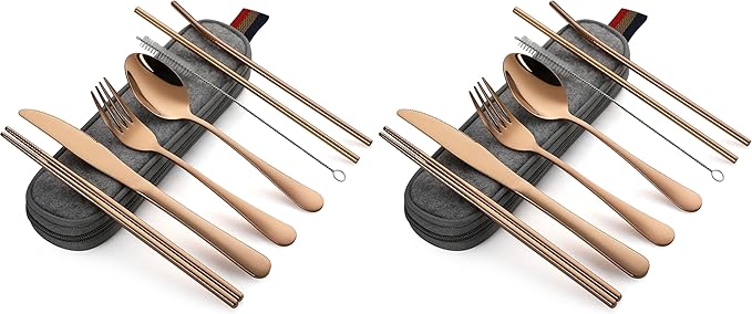 DEVICO Portable Utensils, Travel Camping Cutlery Set, 8-Piece including Knife Fork Spoon Chopsticks Cleaning Brush Straws Portable Case, Stainless Steel Flatware set (Rose Gold) (Pack of 2)