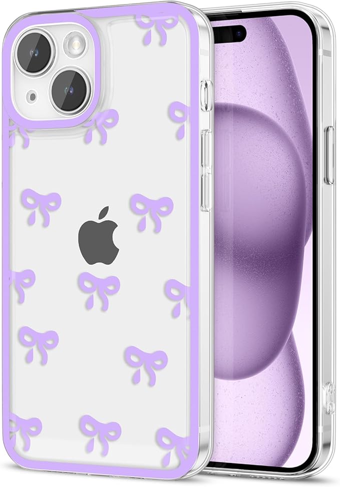 EYZUTAK Case for iPhone 15 Plus, Clear Cute Ribbon Bowknot Pattern Aesthetic Transparent Phone Case Raised Camera Protection Stylish Slim Soft Durable TPU Protective Cover for Women Girls - Purple