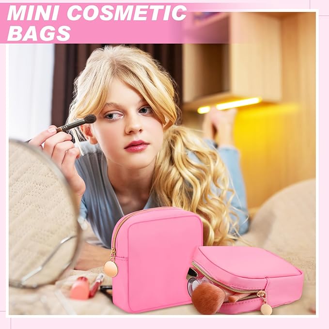 Kacctyen 12 Pcs Mini Makeup Bag Nylon Small Pouch for Purse Mini Square Nylon Pouch with Zipper Small Cosmetic Travel Makeup Bag Purse Organizer for Women(Pink Color,Regular)