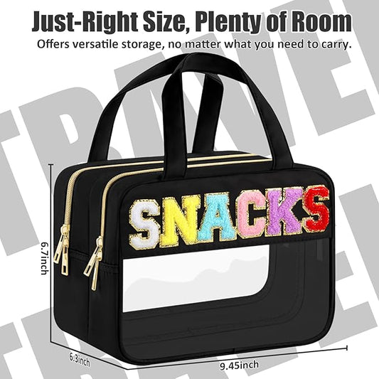 Chenille Letter Clear Makeup Bags, Snacks Bag for Travel, Preppy Patch Nylon Cosmetic Bag with Handles and Zipper, Waterproof Large Clear Travel Toiletry Bag Storage Bag for Women Black