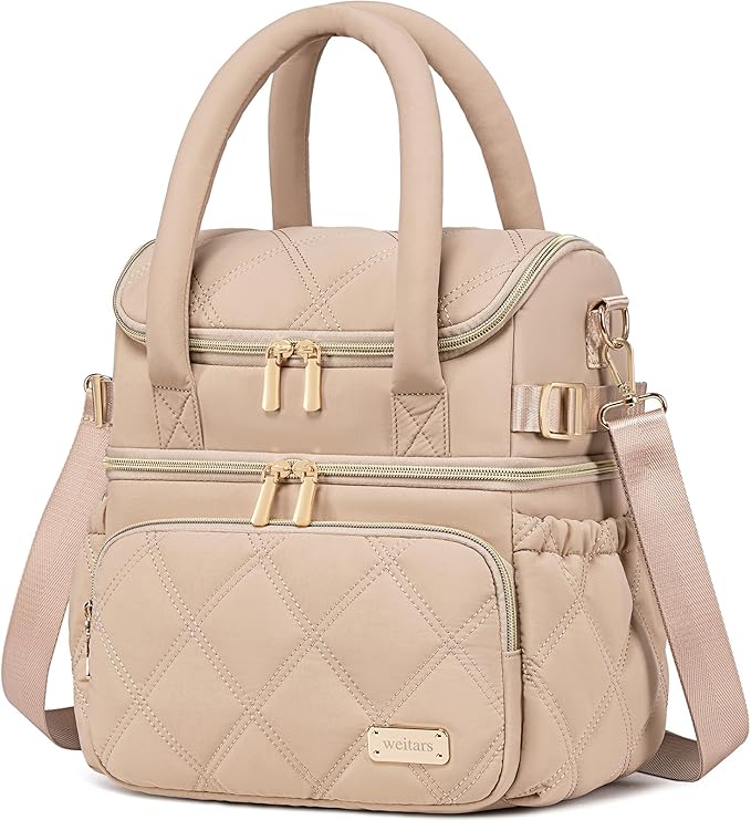Weitars Lunch Bag for Women Men,Double Deck Lunch Box for Women,Quilted Lunch Tote for Work,Insulated Lunch Cooler Leakproof Lunchbox for Adult with Shoulder Strap &Pockets for Picnic Hiking (Khaki)