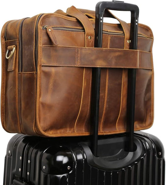 Polare 17'' Full Grain Leather Briefcase Laptop Attache Case Messenger Bag For Men Fits 15.6'' Laptop