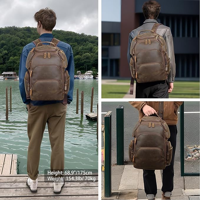 TIDING Vintage Full Grain Leather 16 Inch Laptop Backpack for Men Multi Pockets Travel Rucksack Weekend Business Daypack_Large