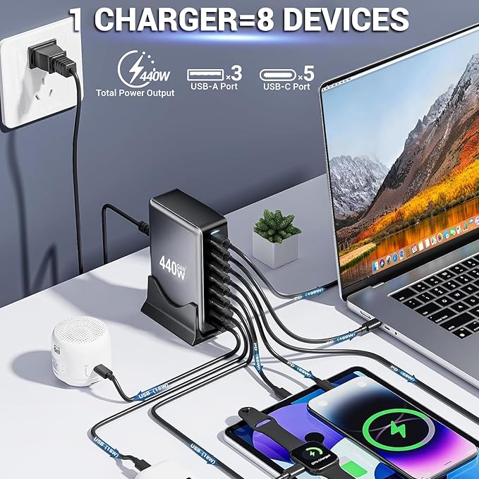 440W USB C Fast Charger Block, 8 Port Charging Station, GaN Ⅲ Multi Port Charging Station Hub for Multiple Devices, Multiport USB Charger Station Compatible with MacBook iPhone iPad Dell