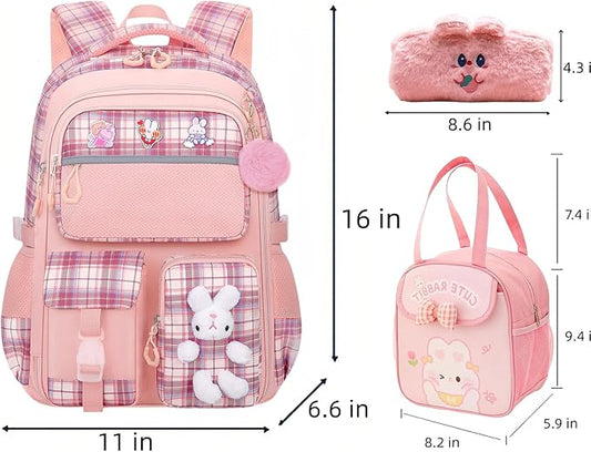 Girl Backpack for School Kids, Pink Cute Bookbag with Lunch Box Rainbow Elementary School Bag Pencil Case (Pink,3Pcs Set)