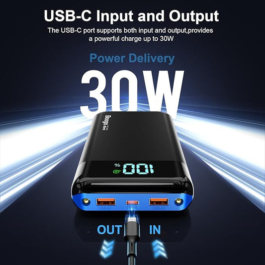 Portable Charger Power Bank 52800mAh Powerbank PD 30W and QC 4.0 Fast Charging Built-in Bright flashlight LED Display 2 USB 1Type-C Output External Battery Pack for iPhone, Samsung, iPad etc (blue)