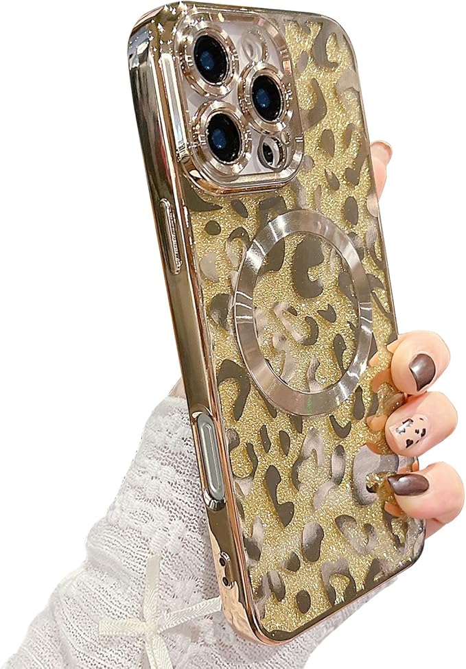 for iPhone 16 Pro Case Magnetic,Soft Cute Luxury Leopard Cheetah Pattern Plating Glitter Bling Phone Case Compatible with MagSafe Clear Shockproof Back Cover for Women Girl 6.3"-Gold