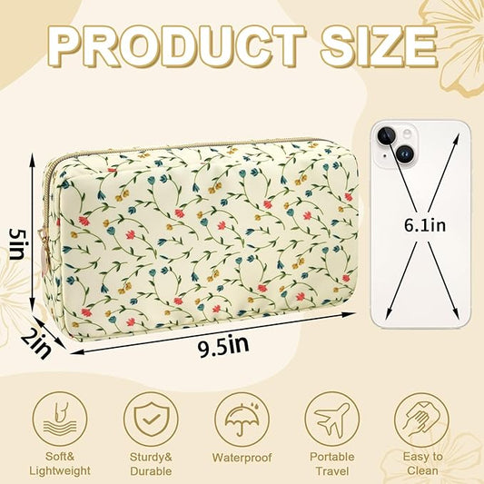 Waterproof Small Floral Makeup Bag Pouch for Purse,Nylon Flower Cosmetic Bag Preppy Travel Toiletry Storage Bag for Women Girl,Cute Makeup Organizer Bag Pouch with Zipper(Small Light Yellow-Flowers)