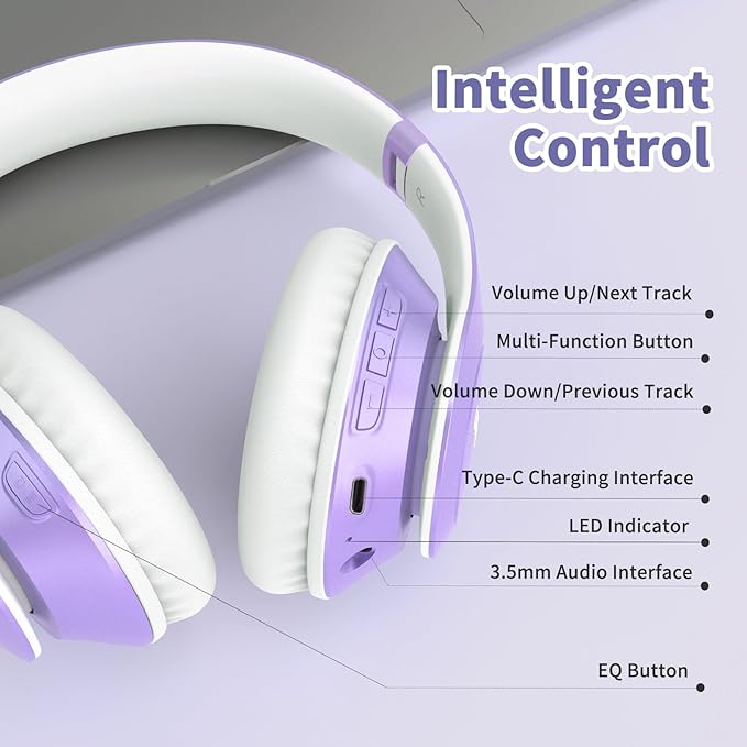 Uliptz Wireless Bluetooth Headphones, 65H Playtime, 6EQ Sound Modes, HiFi Stereo Over Ear Headphones with Microphone, Foldable Bluetooth 5.3 Headphone for Travel/Office/Cellphone/PC (Purple)