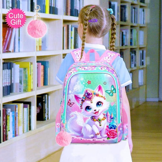 16" Fox Backpack for Girls, 3Pcs Kids Bookbag for Elementary Preschool Kindergarten, School Backpacks with Lunch Box(Pink)