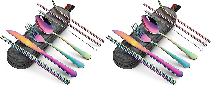 DEVICO Portable Utensils, Travel Camping Cutlery Set, 8-Piece including Knife Fork Spoon Chopsticks Cleaning Brush Straws Portable Case, Stainless Steel Flatware set (Rainbow) (Pack of 2)