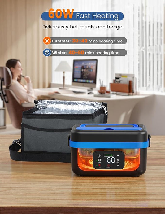 Cordless Electric Lunch Box for Adults, 1L Battery-Powered Heated Lunch Box with Insulated Bag, 16000mAh Rechargeable Self-Heating Food Warmer with Smart Reservation for Work, Travel, Car, Office
