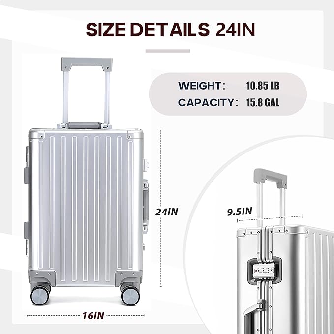YYW All aluminum-magnesium Carry-On Luggage 24 Inch,Airline Approved Lightweight Suitcase with TSA Lock and Silent Wheels,Suitable for business travel (Silver, 24in)