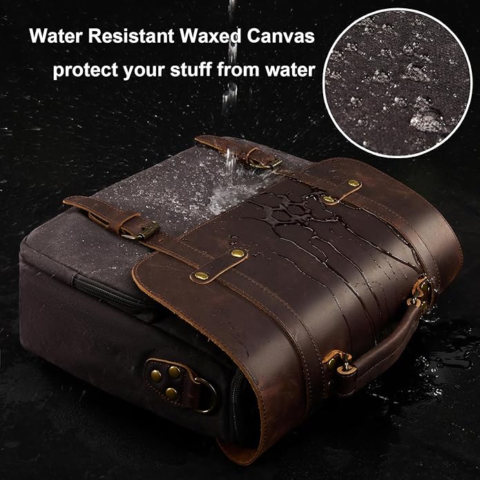 Mens Messenger Bag Waxed Canvas Laptop Briefcase 15.6“ Vintage Genuine Leather Crossbody Bags Waterproof Satchel Shoulder Bag