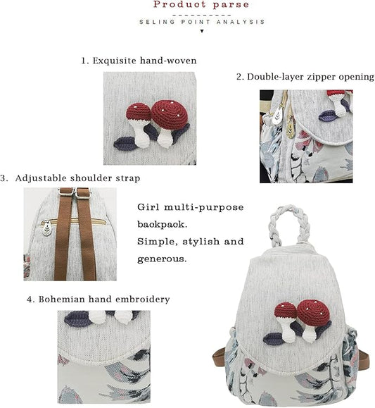 HUANGGUOSHU Women Cotton Woven Bohemian Hemp Boho Canvas Embroidery Multi Pocket Retro Cute Backpack Wallet Backpack(Mushroom)