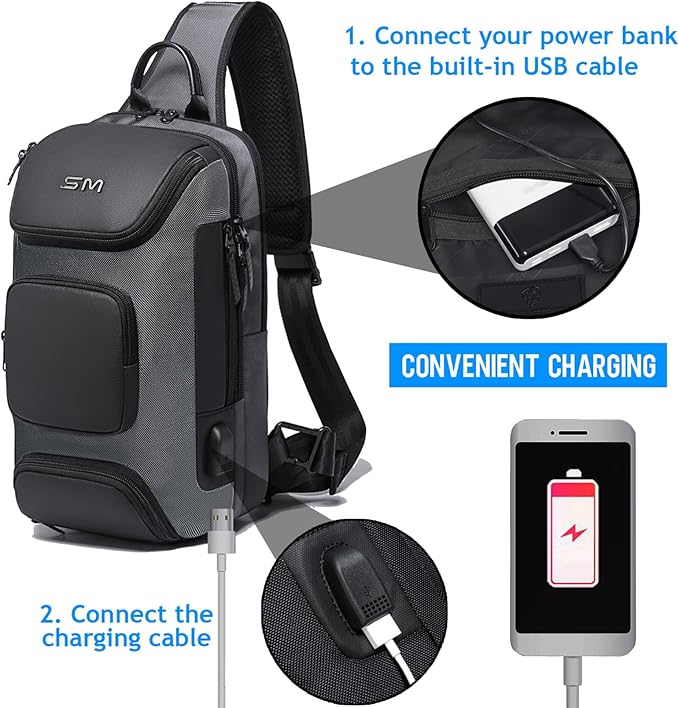 SMONT Sling Bag Crossbody for Men, 14.2 inch Anti Theft Waterproof Chest Shoulder Bag with USB Charging Port