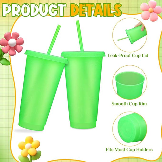 Honeydak 60 Pack Tumbler with Straw and Lid Bulk Glitter Plastic Cups Water Bottle Iced Coffee Travel Mug Reusable Party Favor Cups for Birthdays travel 24-27 oz (Fluorescent Green)