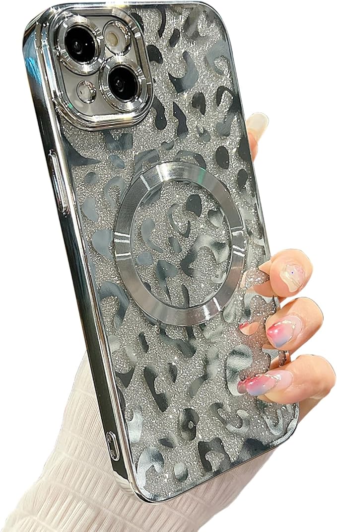 for iPhone 15 Plus Case Magnetic,Soft Cute Luxury Leopard Cheetah Pattern Plating Glitter Bling Phone Case Compatible with MagSafe Clear Shockproof Back Cover for Women Girl 6.7"-Silver