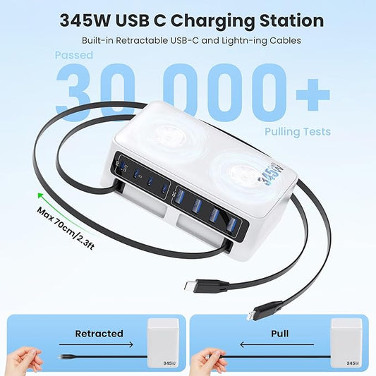 345W USB C Charger Block with 2 Built-in Retractable Cables,10-in-1 GaN IV USB C Charging Station,PD 65W Laptop Charger Power Adapter for MacBook Pro/Air,DELL,iPhone16/15/14,Galaxy S24,Android