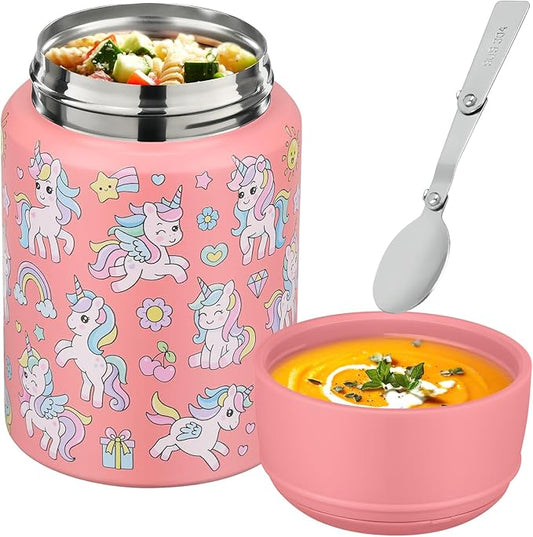 17oz Soup Thermo for Hot Food Kids Insulated Food Jar,Thermo Hot Food Lunch Container, Width Mouth Stainless Steel Lunch Box for Kids with Handle Folding Spoon (Pink-Unicorn)