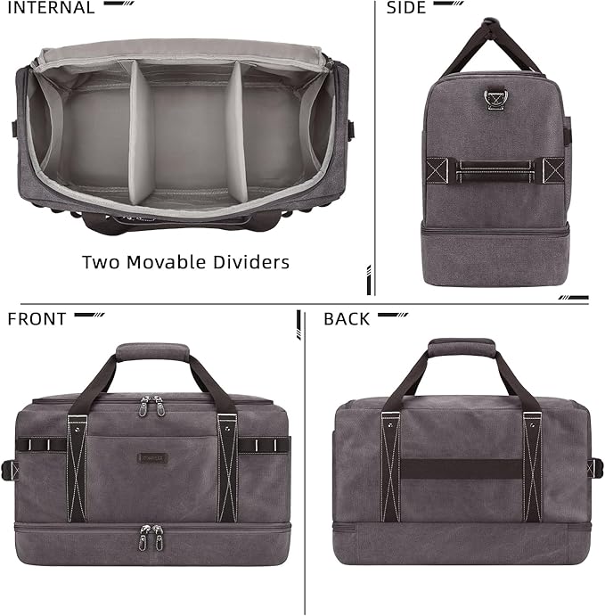 ZOMFELT Travel Duffle Bag for Men Women, Waterproof Canvas Overnight Duffel Bag with Removable Dividers & Shoe Compartment, Carry On Weekender Gym bag, Multi-Pocket & Vintage Design (Washed Grey)