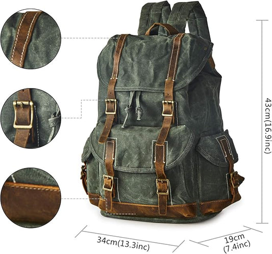 Heavy Duty Waxed Canvas Vintage Backpack for Men Women Trim Casual 15.6" laptop Bookbag Travel Rucksack Shoulder Rucksack for Travel