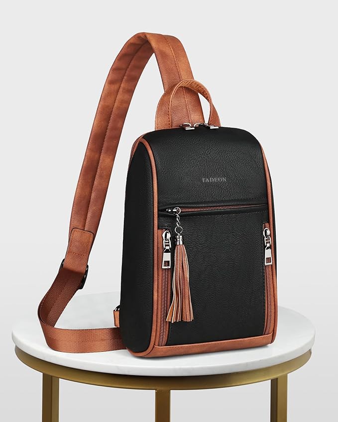 FADEON Sling Bag for Women, Crossbody Purse with Tassels, Designer Leather Shoulder Chest Bags for Travel